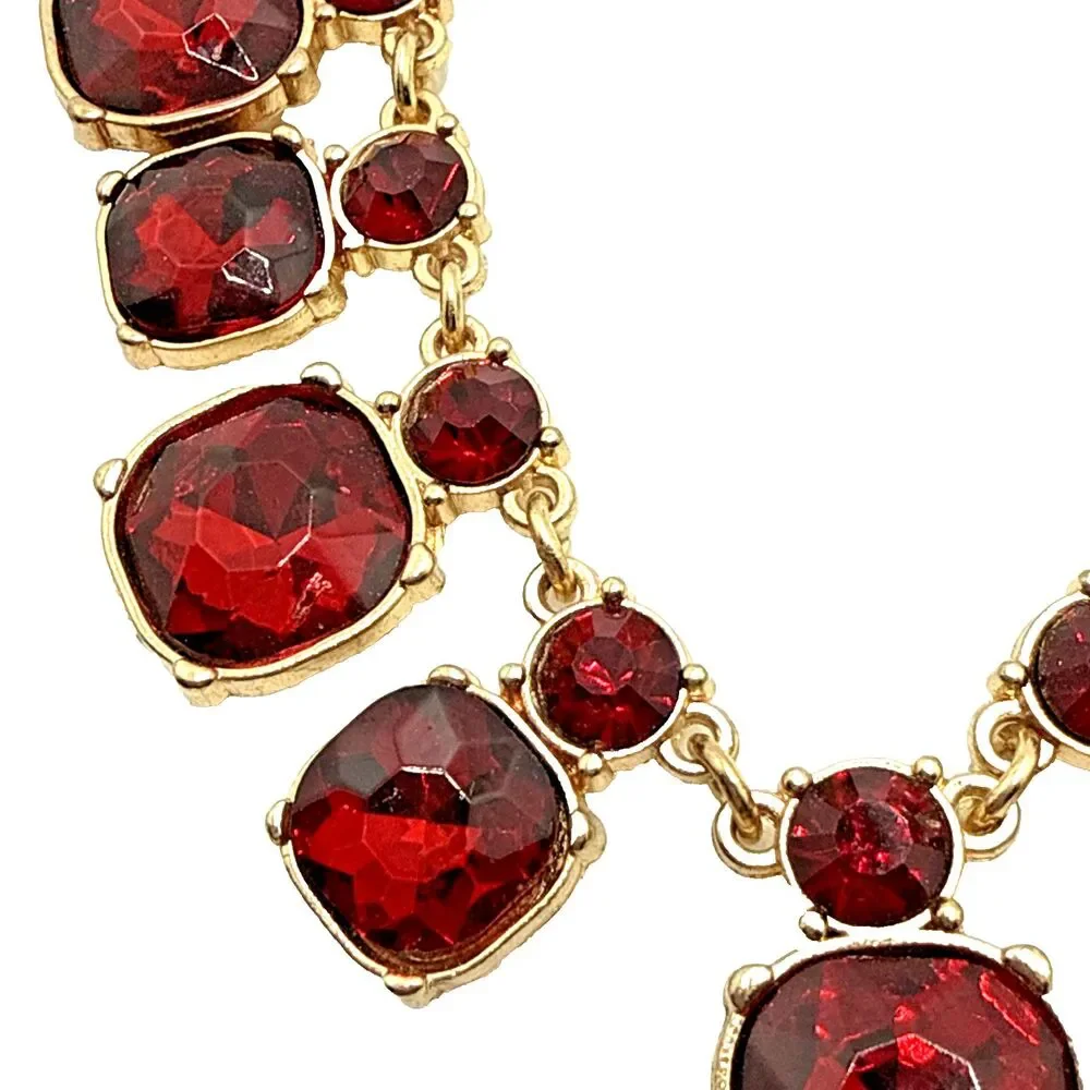Vintage Red Crystal Rhinestone Statement Collar Necklace Gold Tone Statement 22”